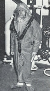 A mid-'60's prototype of a HIS (Hood Inflation System) Suit for submarine escape.
